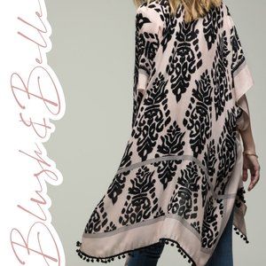 FLORENCE Black & Cream Damask Print Pom Pom Kimono